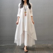 秋季棉麻长袖连衣裙女文艺民族，风白色裙子，禅意长裙亚麻连身裙