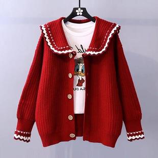 毛衣女春秋开衫外套2023宽松慵懒针织洋气长袖娃娃领红色