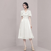 赫本风法式白色欧根纱仙女裙长款高级感夏装女显瘦收腰a字连衣裙