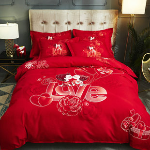 红色四件套全棉纯棉结婚床上用品，婚被轻奢婚嫁床品婚房婚庆被套冬