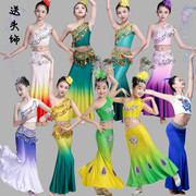 儿童傣族舞蹈服幼儿孔雀舞演出服，女童弹力鱼尾裙少儿民族表演服装