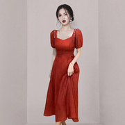 法式烂番茄红色连衣裙子女夏装2024高级感中长裙别致绝美气质