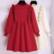 女童红色连衣裙秋冬款儿童公主裙洋气时髦过年新年装针织毛衣裙子