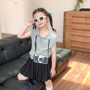 艾摩贝贝中小大女童韩版纯色无袖背心上衣儿童时尚针织翻领POLO衫
