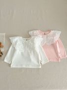 女宝宝纯色蕾丝娃娃领t恤秋季婴幼儿，可爱翻领上衣韩版打底衫