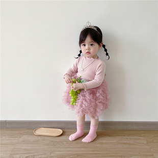 网红宝宝蓬蓬裙韩国童裙春装洋气女童，针织连衣裙长袖公主蛋糕纱裙