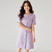 2024夏季紫色小香风短袖，连衣裙轻奢名媛气质，通勤显瘦连衣裙