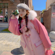 粉红色高级感超好看大毛领连帽棉衣棉服女工装2023冬季面包服
