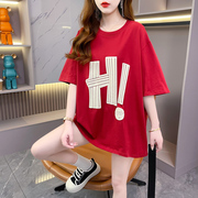 红色t恤女短袖夏季设计感小众字母百搭宽松纯棉港味chic上衣服ins