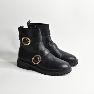 外贸鞋37码冬季黑色真皮，圆头英伦风平，跟侧拉链短靴女切尔西靴