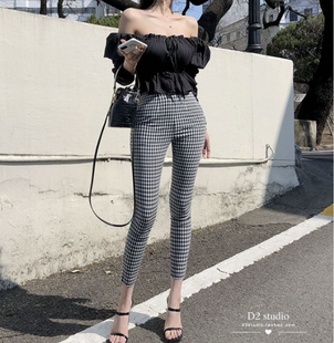 韩国ins洋气时尚复古黑白，格子休闲裤子小脚，铅笔裤九分裤