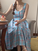 韩国chic夏季复古温柔风圆领，单排扣绑带收腰显瘦格子背心连衣裙女