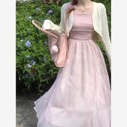 温柔风粉紫色吊带连衣裙，女套装夏季防晒长袖开衫压褶收腰显瘦长裙