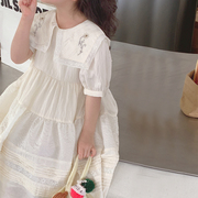 韩国女童短袖连衣裙2024夏装，儿童大童夏季公主裙重工蕾丝刺绣裙子