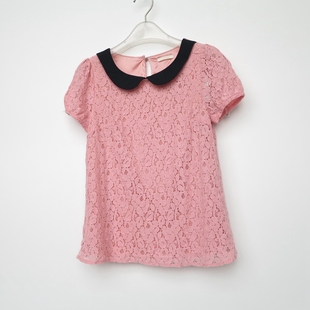 艾格特XS/SM断码 女春夏粉桔色甜美蕾丝短袖衬衫5F4259