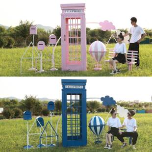 个性热气球电话亭模型，大复古摆件铁艺招财，落地怀旧道具彩虹邮筒椅