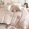 粉色玫瑰刺绣100支长绒棉四件套高端纯棉贡缎全棉，家纺美式床品1.8