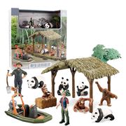 仿真静态野生动物套装猩猩熊猫草棚，人仔微观模型趣味场景摆件礼物