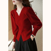 美式 设计感小众泡泡袖红色过年毛衣打底修身内搭针织衫