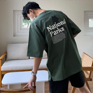 小北韩国男装东大门短袖t恤男士体恤后背，牦牛字母图案印花tee