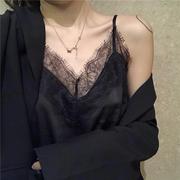 蕾丝边黑色吊带背心，女春季宽松气质，上衣v领西装内搭打底衫潮