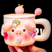 创意卡通小猪马克杯情侣对杯陶瓷杯带盖勺伴手礼高颜值咖啡牛奶杯