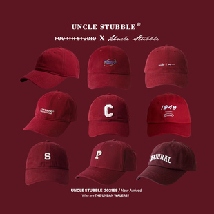 胡茬叔叔红色帽子酒红色，棒球帽枣红色复古鸭舌帽，男本命年防晒帽女