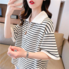 小众设计感短袖t恤女夏季韩版宽松polo领条纹短款小个子半袖上衣