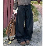 美式弯阔腿牛仔裤男大码女装秋冬新款复古宽松休闲直筒长裤子潮