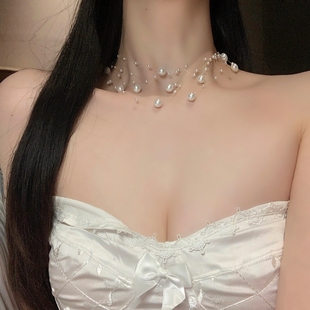 多层珍珠满天星项链超仙2024锁骨链女款颈链装饰choker