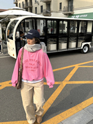 韩国单 玫粉色 圆领字母刺绣印花 毛圈宽松套头卫衣 美式休闲