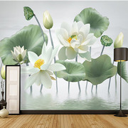 新中式白色莲花电视背景墙布，5d水墨荷花沙发墙纸，整张粉色荷花壁画