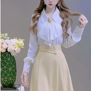 公主家3727韩版气质荷叶边雪纺衬衫长袖衬衣+高腰半身裙两件套装