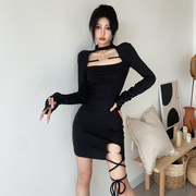 kliou甜辣拽姐系列黑色镂空长袖，连衣裙女设计感绑带显身材包臀裙