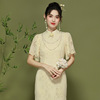 新中式夏季优雅气质名媛荷叶，袖蕾丝改良式年轻旗袍礼服连衣裙