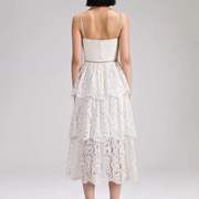2024春夏越南小众，乳白色蕾丝水钻蝴蝶结吊带长裙，伴娘裙子连衣裙