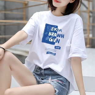纯棉大码短袖t恤女2024年夏季韩版宽松上衣服，全棉半高领印花