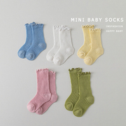 新生婴儿女宝宝0-3-6个月夏季薄款纯棉网眼透气花边松口中筒袜子
