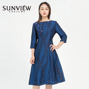 sunview尚约一字，领宝蓝色连衣裙百褶裙设计师款