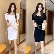 韩版小个子连衣裙女2024夏季短袖纯色方领收腰显瘦包臀中裙子