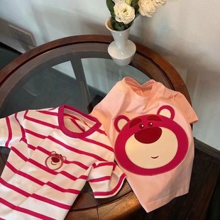 女童短袖夏装条纹草莓熊刺绣(熊，刺绣)纯棉宝宝，半袖儿童夏季上衣t恤潮