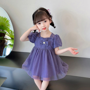 女童高端公主裙宝宝夏季裙子，儿童紫色蕾丝，纱裙2024小童夏装连衣裙