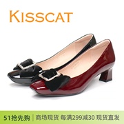 KISSCAT接吻猫2024复古蝴蝶结浅口单鞋粗跟女鞋KA43602-11