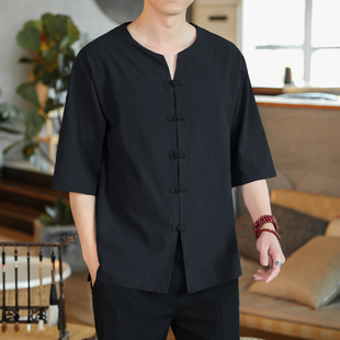 亚麻短袖衬衫男士夏季薄款中国风男装无领七分袖衬衣棉麻圆领唐装