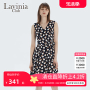 Lavinia Club拉维妮娅夏季无袖V领蓝底驼白波点连衣裙J13L26