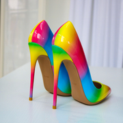 彩虹色细跟超高跟浅口单鞋尖头，亮皮拼撞色性感法式名媛小大码13cm