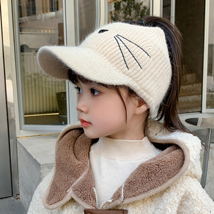 儿童针织帽子女孩棒球帽可爱猫咪，扎马尾秋冬季保暖宝宝空顶毛线帽