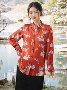 新中式衬衫女真丝印花上衣立领盘扣长袖桑蚕丝衬衣新年红色打底衫