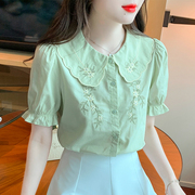 娃娃刺绣翻领衬衫女2023夏季花苞袖，宽松清新气质显瘦衬衣
