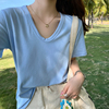 宽松短袖t恤女2024夏季v领纯色半袖体恤休闲显瘦薄款蓝色上衣